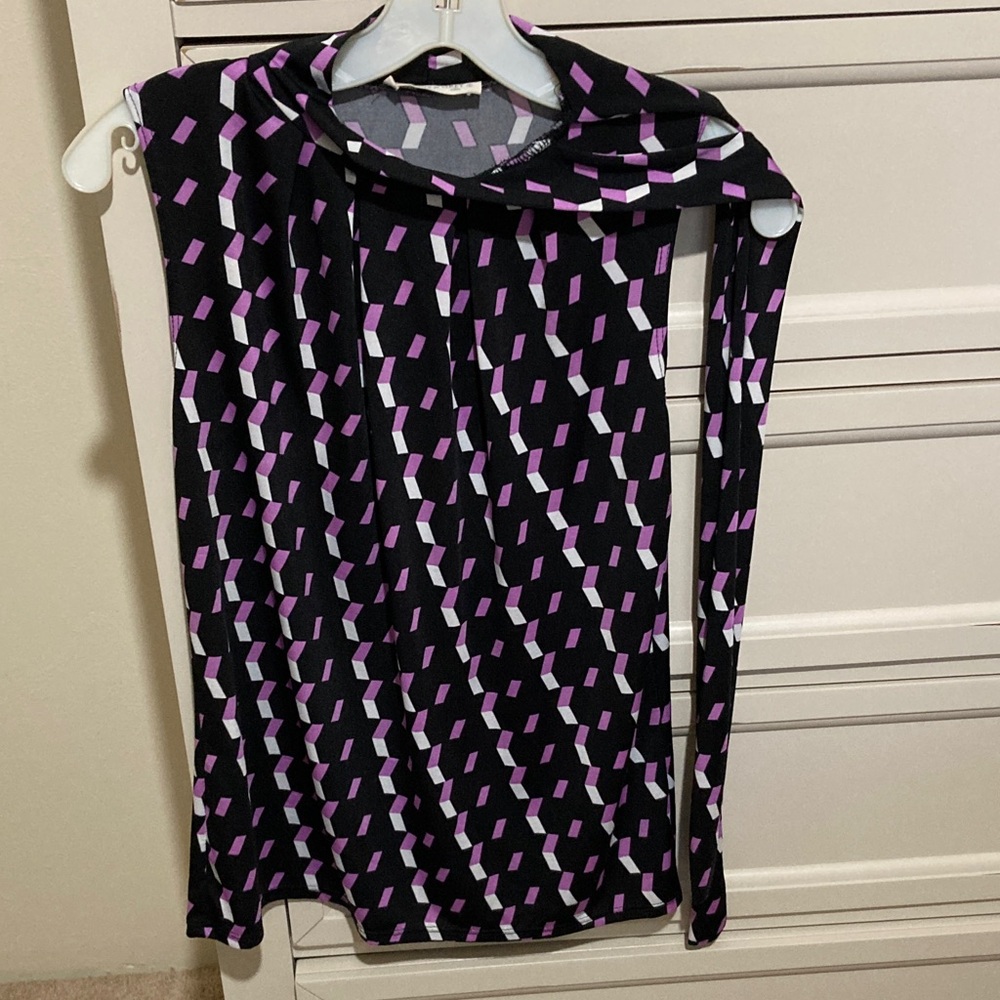 Tiffany & Grey Black and Purple Blouse with Neck Tie Size S Petite
